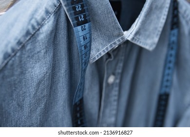 Denim Shirt With Tape Measure. Sewing Casual Shirts To Measure. Tailoring Corrections