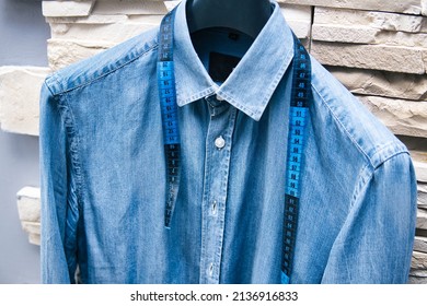 Denim Shirt With Tape Measure. Sewing Casual Shirts To Measure. Tailoring Corrections