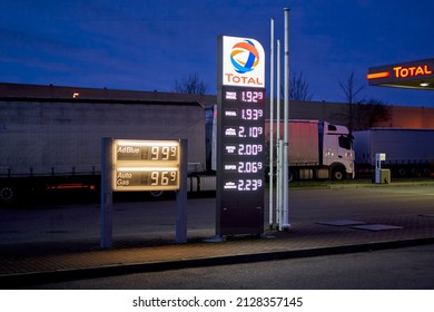 Denkendorf, Germany - February 19, 2022: Price Display In Front Of A Gas Station At Night. High And Expensive Fuel Prices In Europe. Total. (tankstelle)