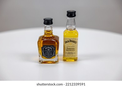 Sorø, Denmark - 10.10.2022: A Photo Of 2 Small Bottles With Whisky Produced By Brown-Forman Company - One Of The Biggest Alcohol Producers In US.It Was Established In 1870.