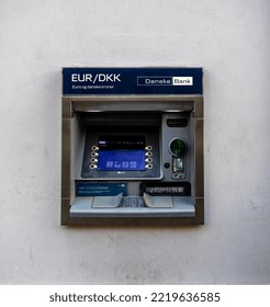 Næstved, Denmark - 10.28.2022: A Photo Of Danish ATM Owned By Danske Bank, Where You Can Get Pick Cash Using Your Credit Or Debit Card.