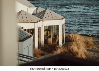 Helsingør  / Denmark - 26 January 2019: A Calm View Of The Marienlyst Spa Hotel Part Of The Bulding And Beach At The Sea During The Sunset.