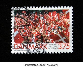 DENMARK - CIRCA 1992: A Stamp Printed In Denmark Shows Danish Fans At The Time Of European Football Championship, Circa 1992