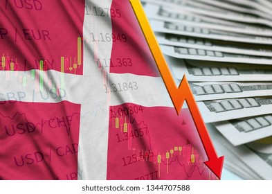 Denmark flag and chart falling US dollar position with a fan of dollar bills