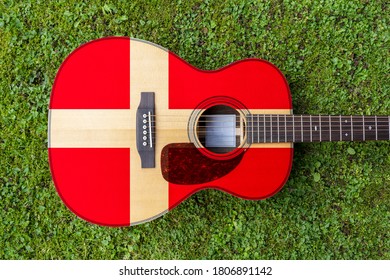 Denmark Flag Motif Painted On Wooden Steel String Acoustic Guitar