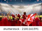 Denmark football supporter on stadium. Danish fans on soccer pitch watching team play. Group of supporters with flag and national jersey cheering for Denmark. Championship game.