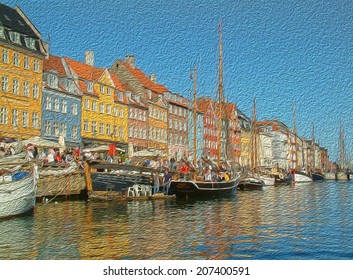 denmark ships and house oil painting