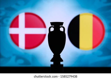 Denmark Vs Belgium, Euro National Flags, And Football Trophy Silhouette. Background For Soccer Match, Group B, Copenhagen, 18. June 2020