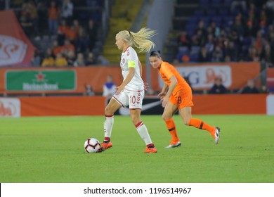 Denmarks Attacker, Pernille Harder, Runs With The Ball During The Match Against Netherlands For The Qualification To The World Cup In Breda, 5th Of October 2018.