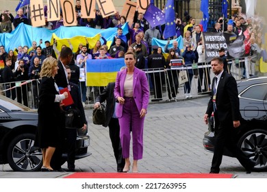 Denmark's Prime Minister Mette Frederiksen Arrives To Attend In An Informal Meeting Of Heads Of State Or Government In Prague, Czechia On October 7, 2022.