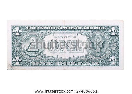 The denomination one dollar on the back side, isolated on  white background