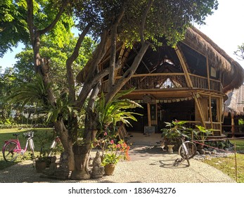 Denpasar, Indonesia - September 29, 2019: A natural bamboo house in Sanur Beach area.
