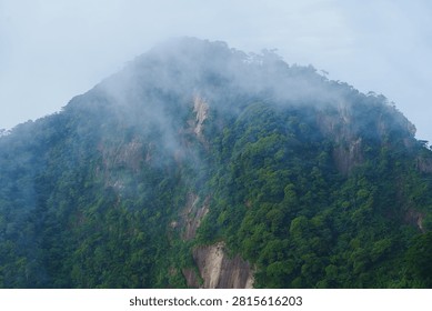 Dense clouds and thick mist surround the green mountain peaks of Sanqingshan Mountain in Jiangxi province of China during a summer day