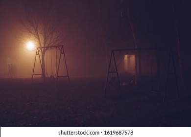 Dense Fog From Air Pollution Is Covering The Playground During The Night, Belgrade Serbia, January 2020