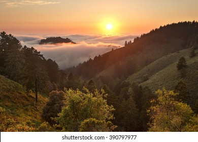 Dense fog rolls in over the Pacific Ocean at sunset over coastal California mountains