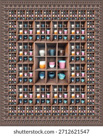 Dense mosaic of small boxes containing ceramics — compact repetitive market texture.