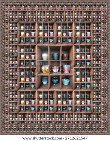 Dense mosaic of small boxes containing ceramics — compact repetitive market texture.