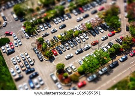 dense parking lot in tilt shift effect