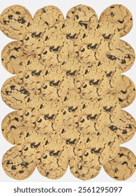 A dense pattern of overlapping chocolate chip cookies creating a textured design on a white background. Suitable for bakery branding, food packaging, or dessert-themed artistic layouts.