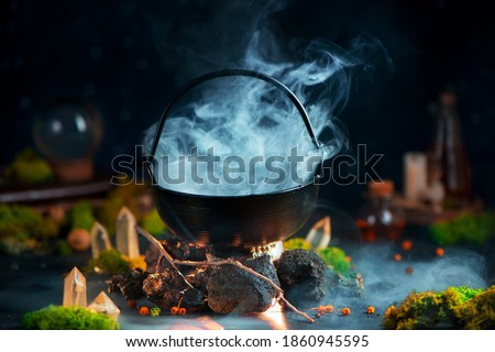 Dense steam above a cauldron, magical still life with smoke, fantasy header