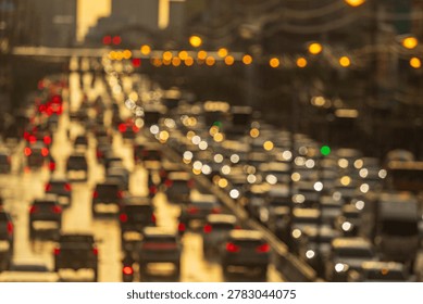 A dense traffic jam on a multi-lane highway during a rainy sunset, with blurred car lights creating a bokeh effect