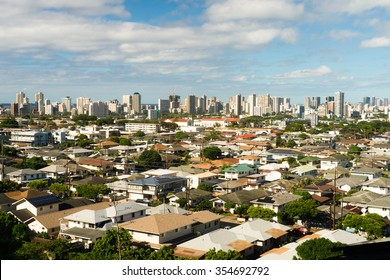 Densely Situated Homes And Buildings Exist In Honolulu On The Island Of Oahu