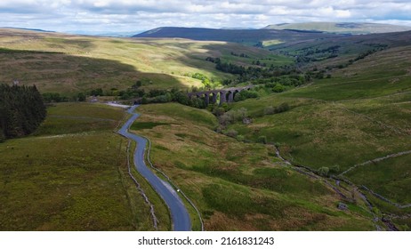 Dent, Dentdale, Cumbria, England, Britain, May 2022, Aerial View Of Minor Country Road Leading Past Dent Head Railway Viaduct