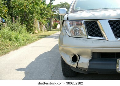 A Dent On The Right Front Of A Pickup Truck (damage From Crashed Accident)