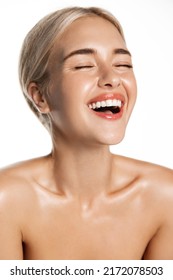 Dental care and beauty. Vertical of laughing happy woman with perfect white teeth, natural smile, glowing healthy facial skin, standing over white background - Shutterstock ID 2172078503