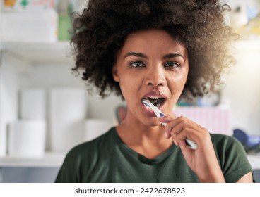 Dental care, black woman and portrait with toothbrush in bathroom for hygiene, oral health and cavity prevention. Female person, teeth whitening and grooming in home for wellness and gum protection - Powered by Shutterstock