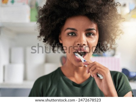 Dental care, black woman and portrait with toothbrush in bathroom for hygiene, oral health and cavity prevention. Female person, teeth whitening and grooming in home for wellness and gum protection