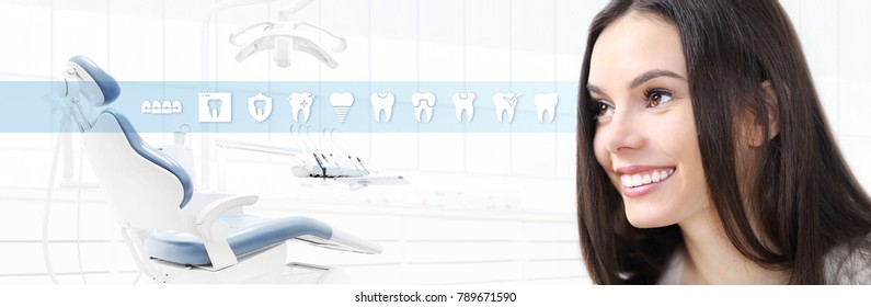 Dental Care Concept, Beautiful Smiling Woman On Dentist Clinic Background With Teeth Icons And Dentist's Chair, Web Banner Template 