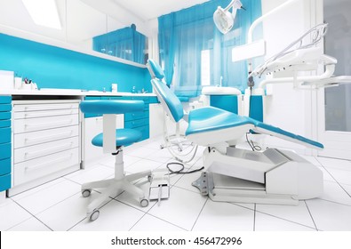 Dental Clinic Interior With Modern Blue Dentistry Equipment