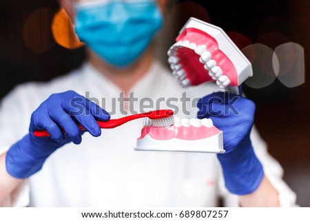 dental and endodontic instruments in hands of dentist. The dentist women in blue gloves holding metal professional tools.