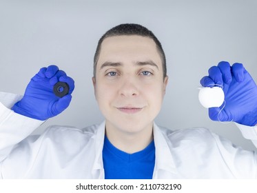 Dental Floss Close Up. Dentist Shows How To Use The Thread Correctly. Different Types Of Flossing. The Concept Of Proper Oral Care. Selective Focus.