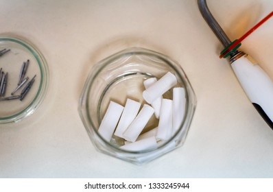 Dental Gauze And Instrument In The Dentist Office Top View