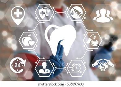 Dental Medicine Health Care Support Concept. Dentist Touched Tooth Icon On Virtual Dentistry Medical Screen. Dent Clinic, Orthodontic Service Fast Professional Treatment Technology