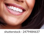 Dental, smile and teeth of woman with hygiene, grooming and wellness morning routine for oral care. Happy, dentistry and female person with mouth treatment for fresh breath, health and gum cleaning.