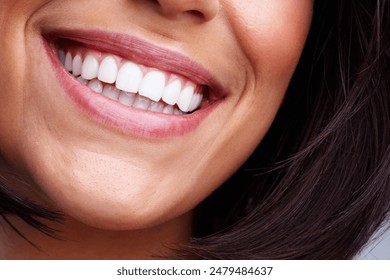 Dental, smile and teeth of woman with hygiene, grooming and wellness morning routine for oral care. Happy, dentistry and female person with mouth treatment for fresh breath, health and gum cleaning. - Powered by Shutterstock