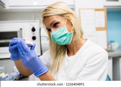 Dental Technician Making Dentures. Dental Prosthesis, Prosthetics Work.