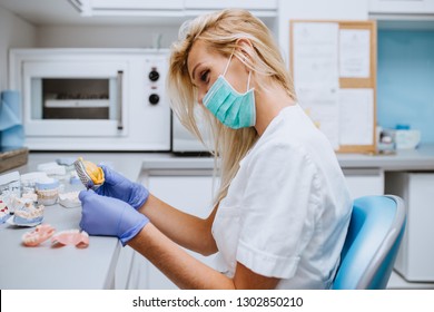 Dental Technician Making Dentures. Dental Prosthesis, Prosthetics Work. 