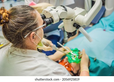 Dental Treatment With A Microscope. Man Having Teeth Examined At Dentists. Appointment At The Dentist. Lifestyle, Real Life