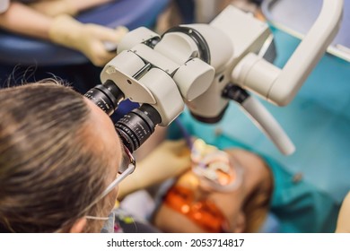 Dental Treatment With A Microscope. Woman Having Teeth Examined At Dentists. Appointment At The Dentist. Lifestyle, Real Life