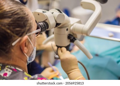 Dental Treatment With A Microscope. Woman Having Teeth Examined At Dentists. Appointment At The Dentist. Lifestyle, Real Life