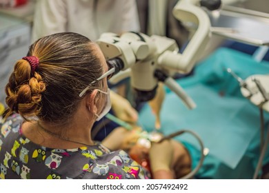 Dental Treatment With A Microscope. Woman Having Teeth Examined At Dentists. Appointment At The Dentist. Lifestyle, Real Life