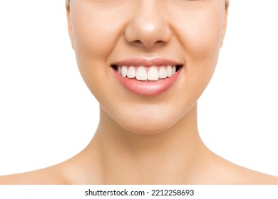 Dentalcare. Close-up Of Young Woman With Perfect Teeth Is Smiling, Isolated On White