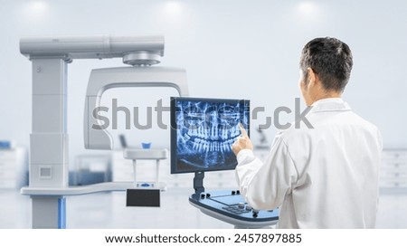 Dentist analyze digital x-ray film from scanner machine in 3d rendering hospital room