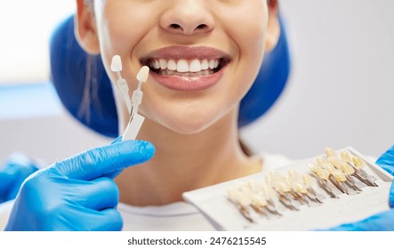 Dentist, cleaning and dental procedure for toothache in clinic, health and treatment for mouth. Teeth whitening, smile and person with torque wrench machine, orthodontics and oral care for veneers - Powered by Shutterstock