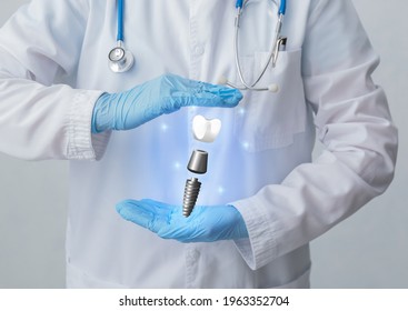 Dentist with digital model of tooth implant on light background, closeup