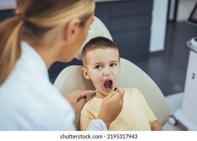 Dentist Doing Regular Dental Check-up To Little Boy. Boy Having His Teeth Examined By A Dentist. Cute Boy Smiling While Teeth Exam . Happy Boy Sitting In Dentists Chair And Having Check Up Teeth